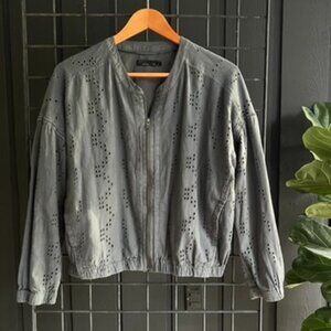 XS - Prana - 100% Organic Cotton - Blue Embroidered Bomber Jacket